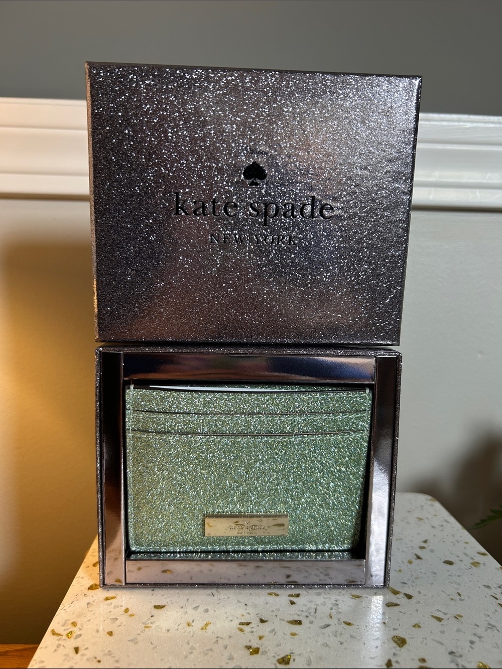 kate spade Mint Green Glitter Card Holder with Gold Plaque